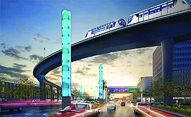 Rendering of LAX Automated People Mover train on elevated guideway above Century Boulevard, tied to roadway reconfiguration awarded to Skanska-Flatiron JV. 