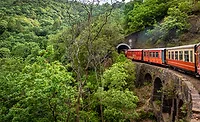 India-Bhutan Train entering a tunnel on a stone viaduct in India’s Himalayan foothills, illustrating the engineering challenges of building new cross-border rail lines into Bhutan.
