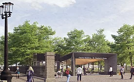Architectural rendering of a modern MetroLink station entrance at St. Stephen’s Green in Dublin, with pedestrians entering beside trees and historic stone gates. 