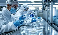 Engineers in protective gear conduct testing in a cleanroom, reflecting the rapid expansion of U.S. biomanufacturing facilities highlighted in CRB’s 2025 report.