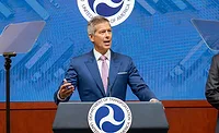 DOT_Duffy_ENRweb.jpg Transportation Secretary Sean Duffy speaks at a podium with teleprompters beside him