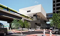 Brightline-West---Update Rendering of Brightline West’s Rancho Cucamonga station with elevated tracks over street-level access.