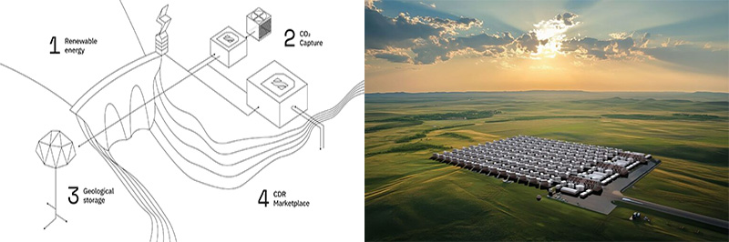Diagram and rendering of Deep Sky’s carbon removal system showing renewable power integration, CO₂ capture units and underground storage beneath a large field installation.