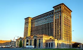 Restored Michigan Central Station in Detroit at sunset. 