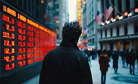 Person walks near an electronic stock display, symbolizing fluctuations in the U.S. municipal bond market.