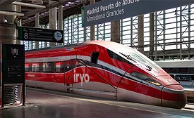 Iryo high-speed train at the Atocha station in Madrid waiting for passengers to board before leaving for Barcelona, Spain.
