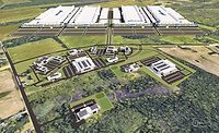 Rendering of Micron Technology’s planned megafab campus in Clay, N.Y., showing four large fabrication buildings and supporting facilities.