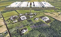 Micron - Delayed Start.jpg Rendering of Micron Technology’s planned megafab campus in Clay, N.Y., showing four large fabrication buildings and supporting facilities.