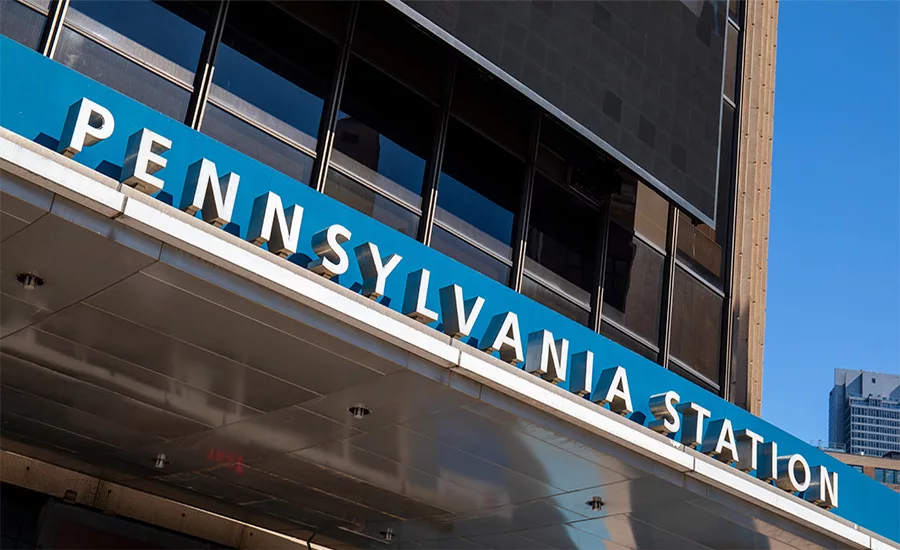 Outside of Pennsylvania Station on 8th Ave, in New York City.