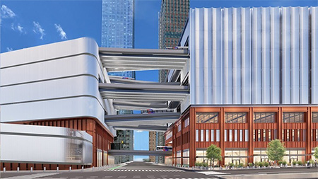 Rendering of the new Midtown Bus Terminal showing multi-level bus ramps and the terminal’s updated facade.