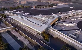 Aerial rendering of Newark Liberty International Airport showing the planned Terminal B redevelopment with connected concourses, aircraft gates and roadway approaches.
