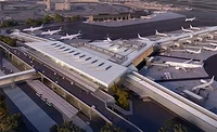 Newark Liberty Int'l Airport - Terminal B Aerial rendering of Newark Liberty International Airport showing the planned Terminal B redevelopment with connected concourses, aircraft gates and roadway approaches.