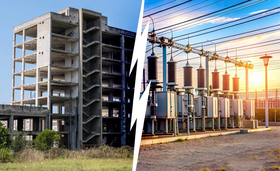 Collage showing stalled building next to expanding data center infrastructure.