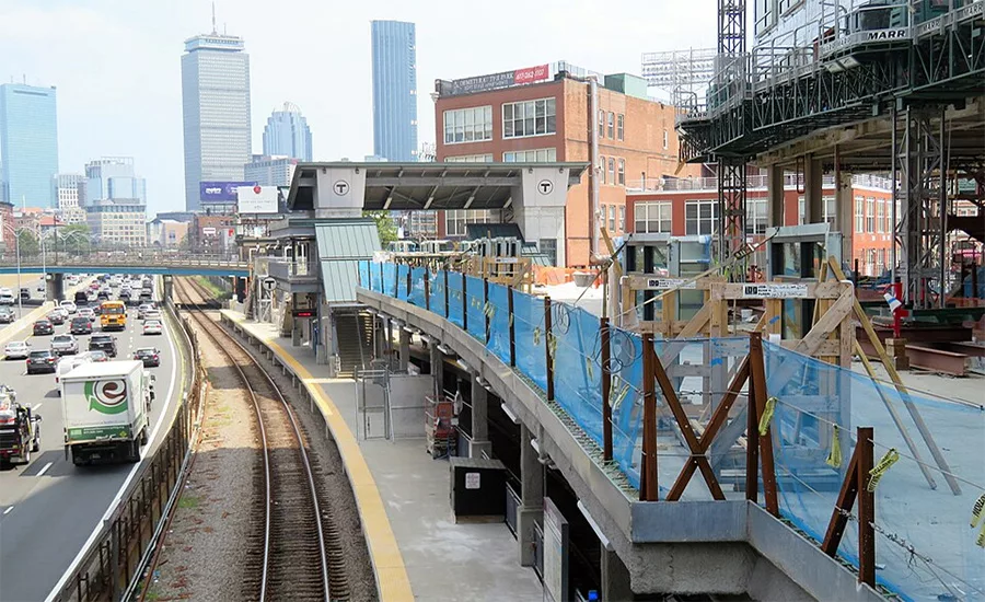A view of the Lansdowne station and adjacent construction over the Massachusetts Turnpike, highlighting the air-rights deck area connected to the Fenway Center project.
