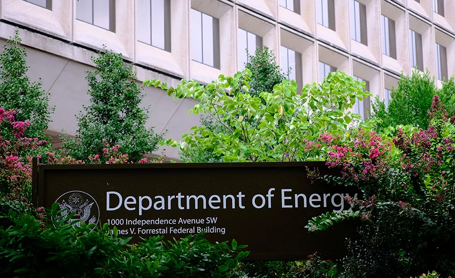 Exterior sign and facade of the U.S. Department of Energy headquarters in Washington, D.C.