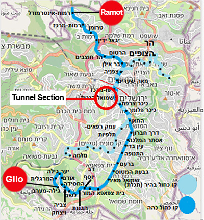 Map of Jerusalem’s Blue Line showing its north–south alignment through the city center to Gilo.