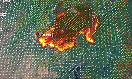 NCAR wildfire and wind modeling visualization near Paradise, Calif.
