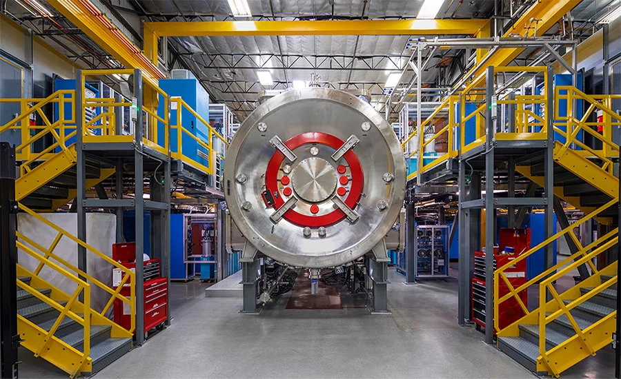 Experimental fusion device inside a TAE Technologies research facility, illustrating laboratory-scale fusion research rather than a commercial power plant.