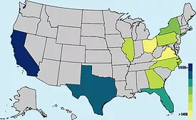 Map shows U.S. construction activity concentrated in a small group of states.
