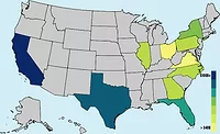 Map shows U.S. construction activity concentrated in a small group of states.