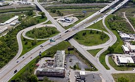 Aerial view of the I-70 and I-435 interchange in Kansas City, Kan., near the proposed stadium site.