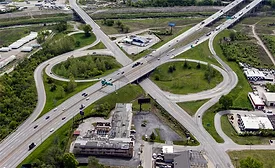 Aerial view of the I-70 and I-435 interchange in Kansas City, Kan., near the proposed stadium site.