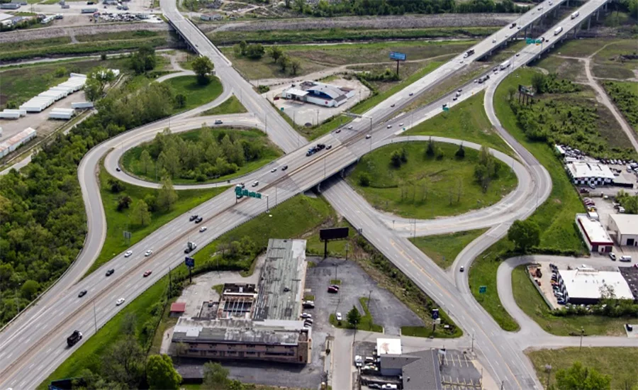 Aerial view of the I-70 and I-435 interchange in Kansas City, Kan., near the proposed stadium site.