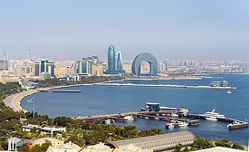 Baku skyline and Caspian Sea coastline in Azerbaijan.