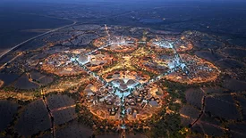Nighttime rendering of the Expo 2030 in Riyadh, showcasing the illuminated vision of the future global event