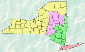 Map showing four New York regions where state-funded water and sewer projects are advancing toward procurement in 2026.