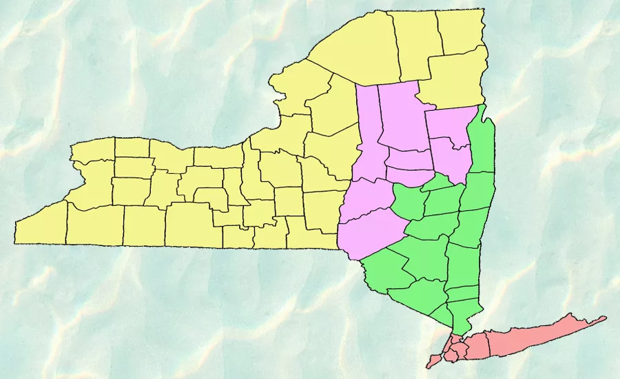 Map showing four New York regions where state-funded water and sewer projects are advancing toward procurement in 2026.