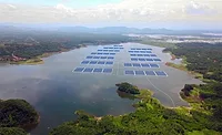Aerial view of Indonesia’s Cirata floating solar farm on a reservoir.