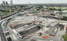 Aerial view of construction underway at Sydney Metro West’s Clyde and Rosehill maintenance facility.