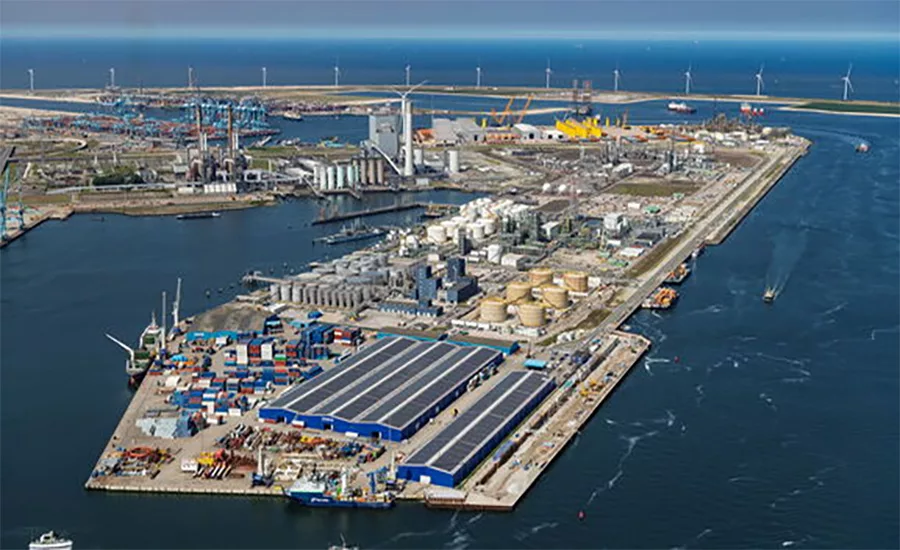 Aerial view of the Port of Rotterdam, a major European industrial and energy hub.