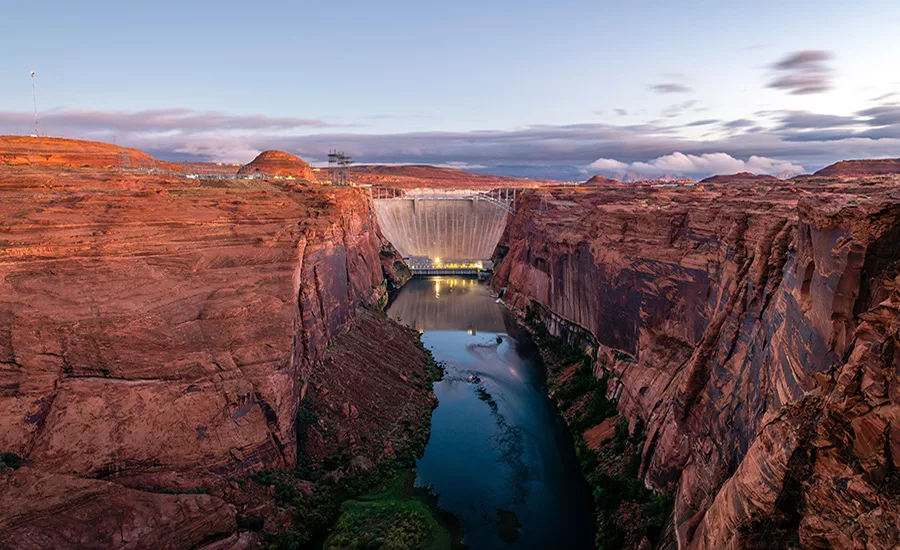 Glen Canyon Dam and the Colorado River below the dam.