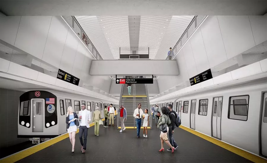 Rendering of a future Second Avenue Subway Phase 2 station platform with trains and passengers.