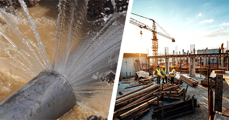 Construction site water damage and active jobsite conditions illustrating builders risk exposure