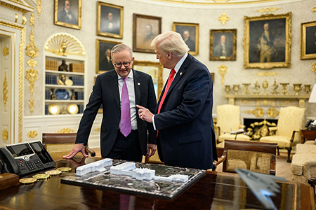 Trump shows Australian Prime Minister Anthony Albanese a model of the proposed White House East Wing ballroom during an October 2025 meeting.
