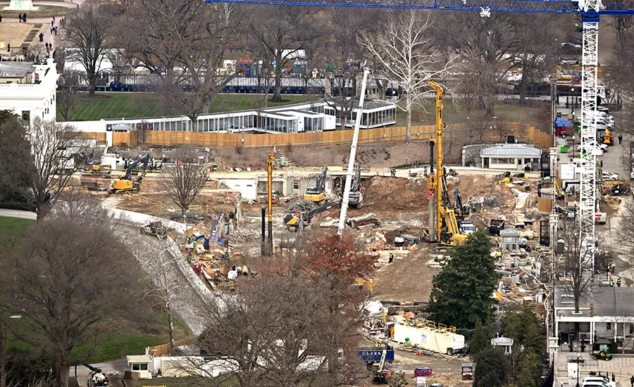 Aerial view of excavation and foundation work at the White House East Wing site in October 2025.