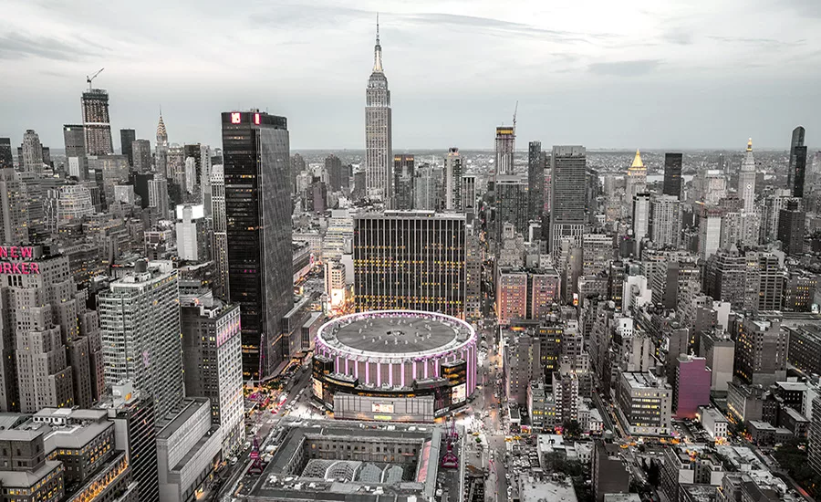 Aerial view of Madison Square Garden above Penn Station in Midtown Manhattan.