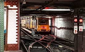 Budapest Metro Line M1 train in an underground tunnel.