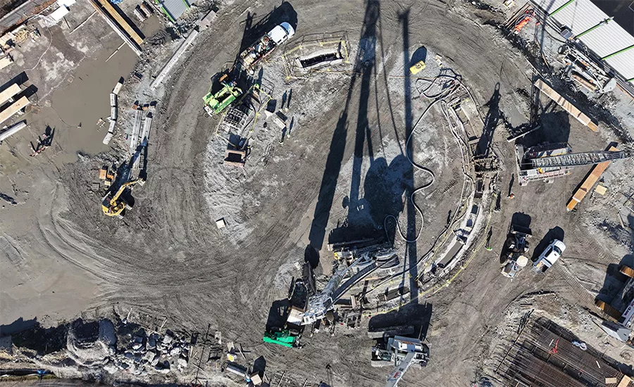 Aerial view of bridge construction and excavation at the Tonnelle Avenue site in North Bergen, N.J.