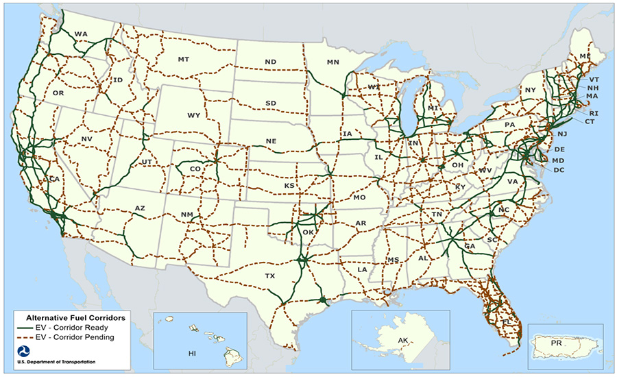 Map of designated electric vehicle alternative fuel corridors across the United States.