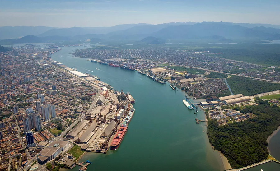 Aerial view of the Port of Santos channel between Santos and Guarujá.