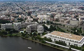 Aerial view of the Kennedy Center on the Potomac River near the Watergate complex in Washington.