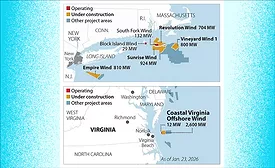 Two maps show locations of offshore wind projects off the coasts of New York, New England and Virginia