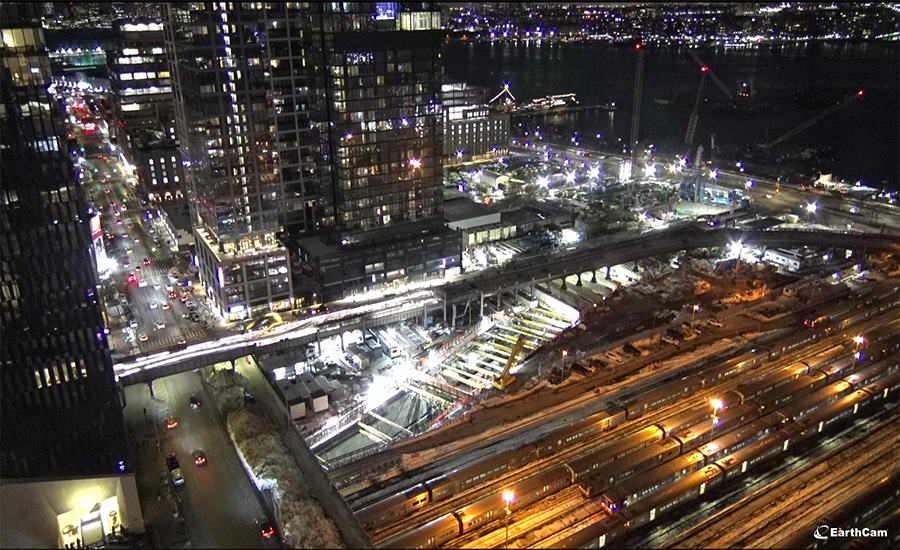 Night aerial of Hudson Tunnel Project construction site.