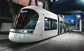 Rendering of Tel Aviv Metro train at station platform at night.