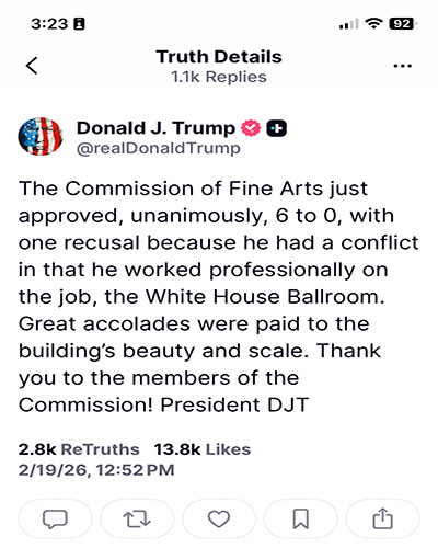 A Truth Social post by President Donald Trump announcing the Commission on Fine Arts gave tentative approval for the East Wing ballroom elevations.