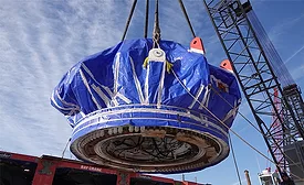 Crane lifts the main drive unit of tunnel boring machine S-1431 onto a truck in January 2026 for delivery to Gateway’s Tonnelle Avenue site.
